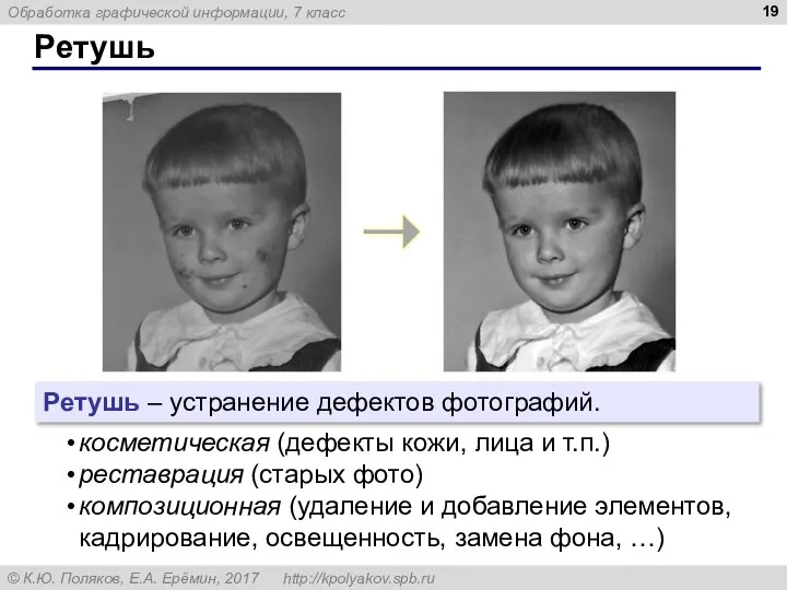 Ретушь Ретушь – устранение дефектов фотографий. косметическая (дефекты кожи, лица и т.п.)