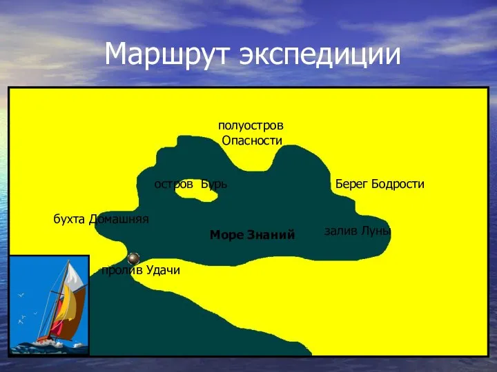 Маршрут экспедиции Море Знаний бухта Домашняя остров Бурь полуостров Опасности Берег Бодрости залив Луны пролив Удачи