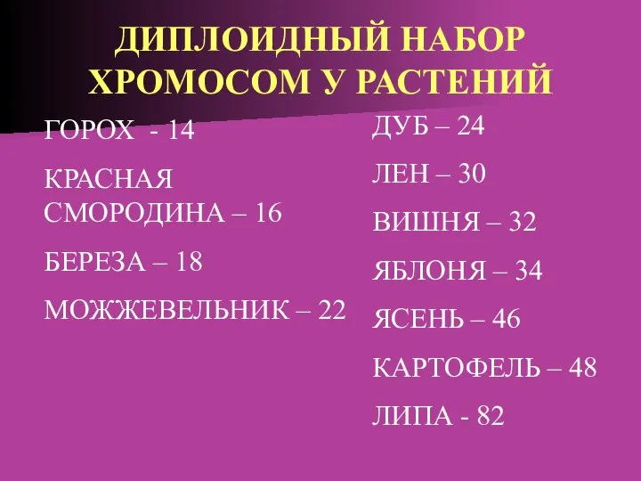 ДИПЛОИДНЫЙ НАБОР ХРОМОСОМ У РАСТЕНИЙ ГОРОХ - 14 КРАСНАЯ СМОРОДИНА – 16