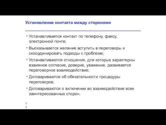 Установление контакта между сторонами Устанавливается контакт по телефону, факсу, электронной почте; Высказывается