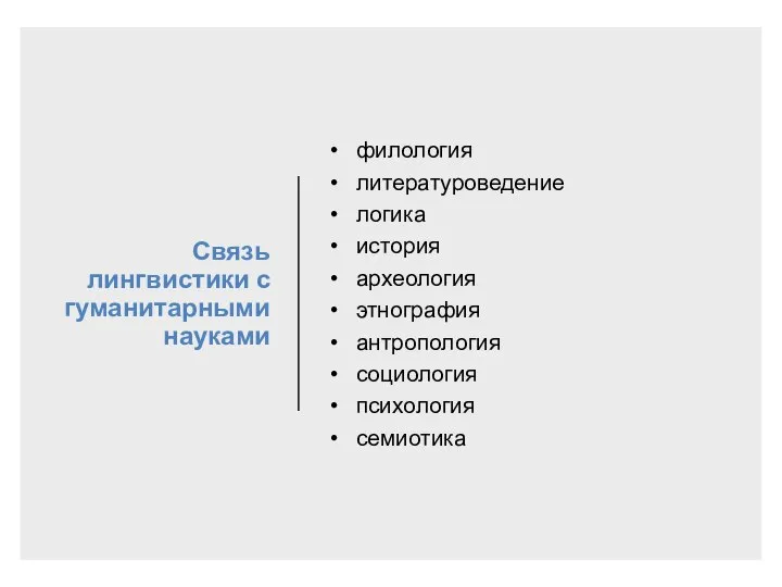 Связь лингвистики с гуманитарными науками филология литературоведение логика история археология этнография антропология социология психология семиотика