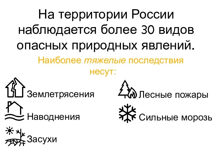 На территории России наблюдается более 30 видов опасных природных явлений. Наиболее тяжелые