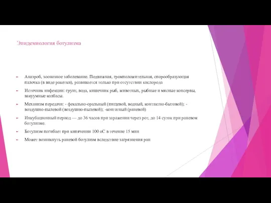 Эпидемиология ботулизма Анаэроб, зоонозное заболевание. Подвижная, грамположительная, спорообразующая палочка (в виде ракетки),