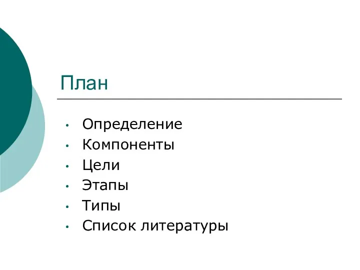 План Определение Компоненты Цели Этапы Типы Список литературы