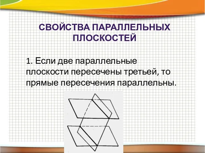 СВОЙСТВА ПАРАЛЛЕЛЬНЫХ ПЛОСКОСТЕЙ 1. Если две параллельные плоскости пересечены третьей, то прямые пересечения параллельны.