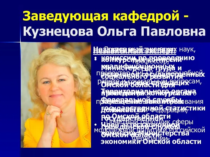 Заведующая кафедрой -Кузнецова Ольга Павловна Доктор экономических наук, профессор, проректор ОмГТУ по