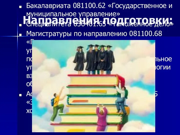 Направления подготовки: Бакалавриата 081100.62 «Государственное и муниципальное управление» Специалитета 036401.65 «Таможенное дело»