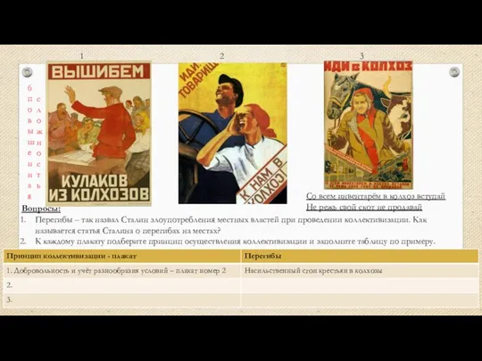 Вопросы: Перегибы – так назвал Сталин злоупотребления местных властей при проведении коллективизации.