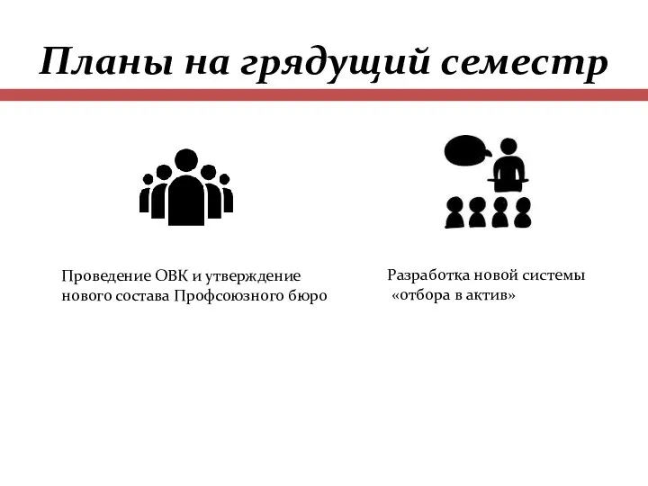 Планы на грядущий семестр Проведение ОВК и утверждение нового состава Профсоюзного бюро