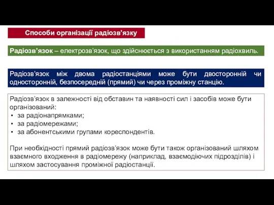 Радіозв’язок – електрозв’язок, що здійснюється з використанням радіохвиль. Радіозв’язок між двома радіостанціями