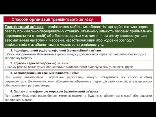 Способи організації транкінгового зв’язку Транкінговий зв’язок – радіозв’язок мобільних абонентів, що здійснюється