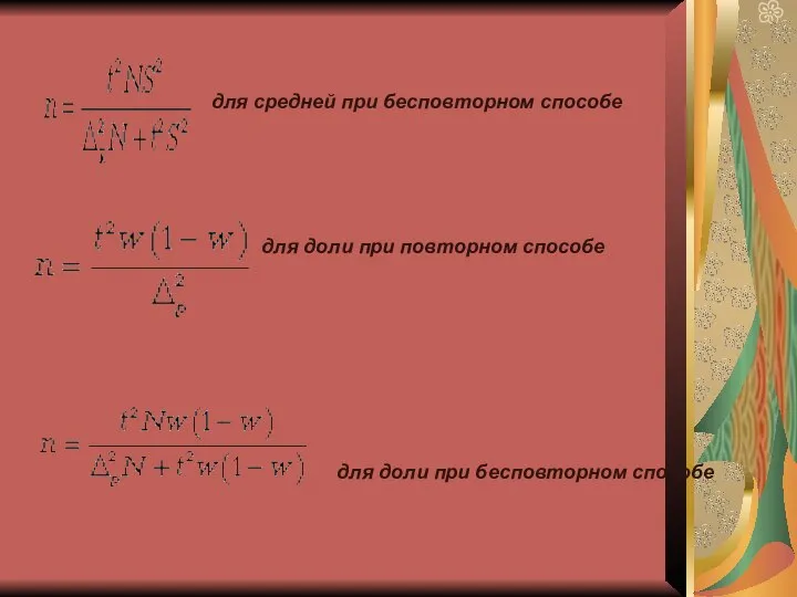 для средней при бесповторном способе для доли при повторном способе для доли при бесповторном способе