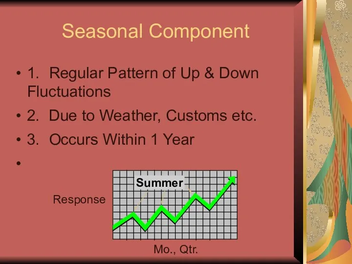 Seasonal Component 1. Regular Pattern of Up & Down Fluctuations 2. Due