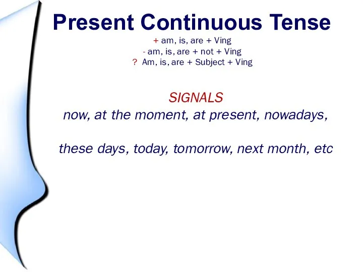 Present Continuous Tense + am, is, are + Ving - am, is,