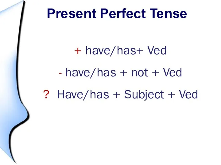 Present Perfect Tense + have/has+ Ved - have/has + not + Ved