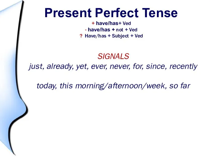 Present Perfect Tense + have/has+ Ved - have/has + not + Ved