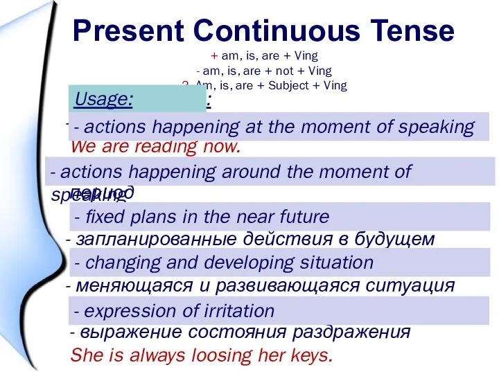 Present Continuous Tense + am, is, are + Ving - am, is,
