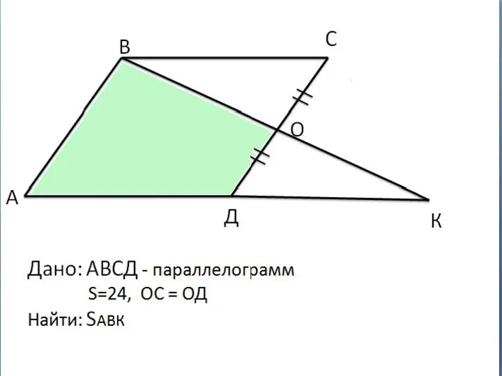 А В С О Д К Дано: АВСД - параллелограмм S=24, ОС = ОД Найти: SАВК