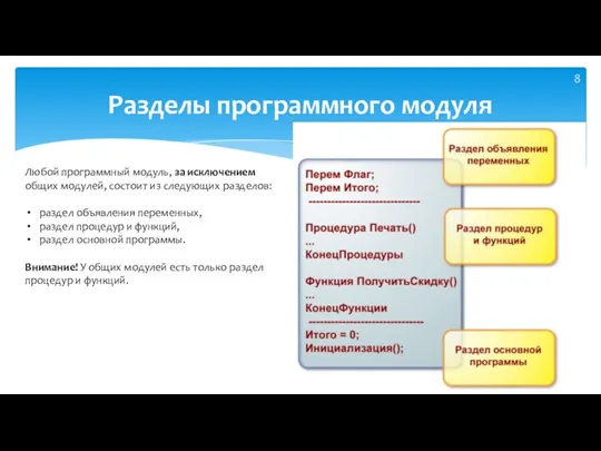 Разделы программного модуля Любой программный модуль, за исключением общих модулей, состоит из