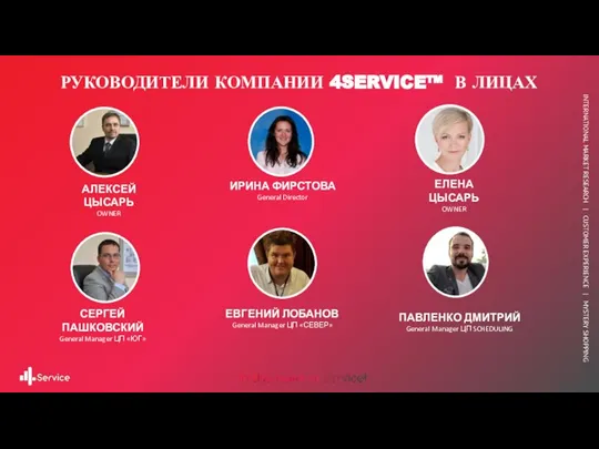 РУКОВОДИТЕЛИ КОМПАНИИ 4SERVICE™ В ЛИЦАХ АЛЕКСЕЙ ЦЫСАРЬ OWNER ИРИНА ФИРСТОВА General Director