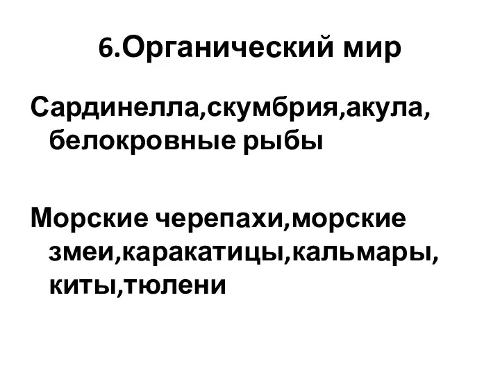 6.Органический мир Сардинелла,скумбрия,акула,белокровные рыбы Морские черепахи,морские змеи,каракатицы,кальмары,киты,тюлени