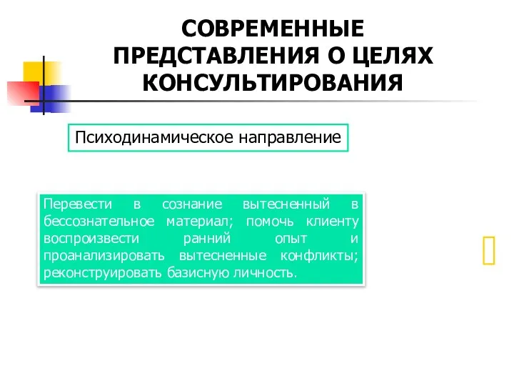 СОВРЕМЕННЫЕ ПРЕДСТАВЛЕНИЯ О ЦЕЛЯХ КОНСУЛЬТИРОВАНИЯ Психодинамическое направление Перевести в сознание вытесненный в