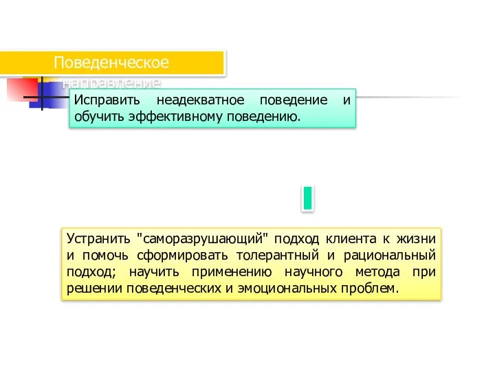 Поведенческое направление Исправить неадекватное поведение и обучить эффективному поведению. Устранить "саморазрушающий" подход