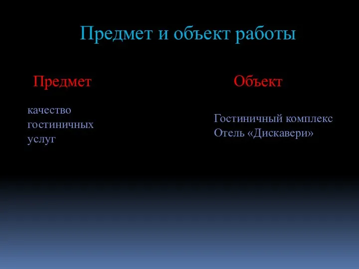 Предмет и объект работы Предмет Объект Гостиничный комплекс Отель «Дискавери» качество гостиничных услуг