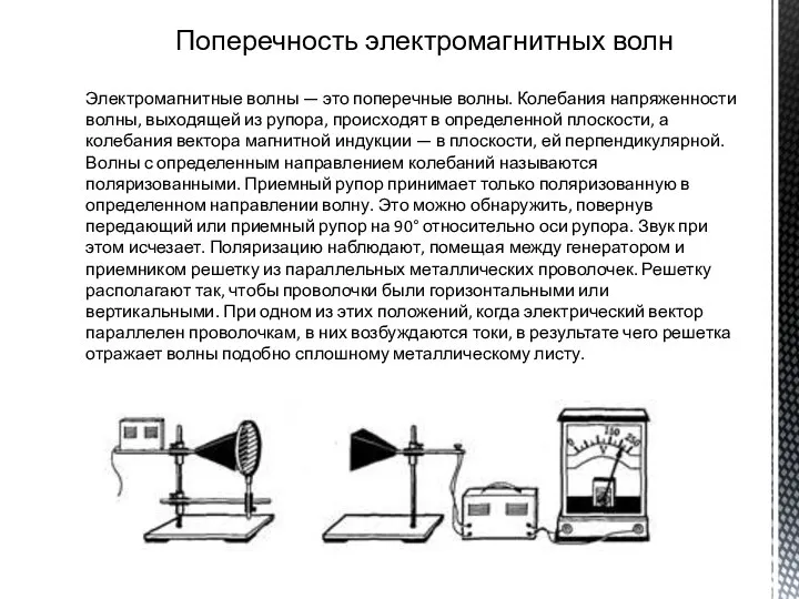 Электромагнитные волны — это поперечные волны. Колебания напряженности волны, выходящей из рупора,