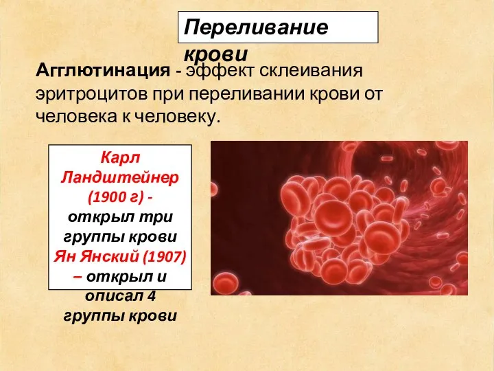 Переливание крови Агглютинация - эффект склеивания эритроцитов при переливании крови от человека