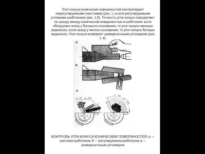 Угол конуса конических поверхностей контролируют нерегулируемыми (жесткими) (рис. 1, а) или регулируемыми