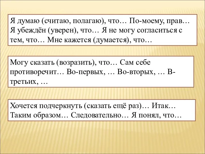 Я думаю (считаю, полагаю), что… По-моему, прав… Я убеждён (уверен), что… Я