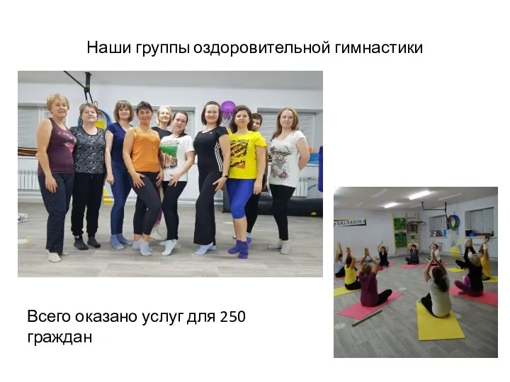 Наши группы оздоровительной гимнастики Всего оказано услуг для 250 граждан