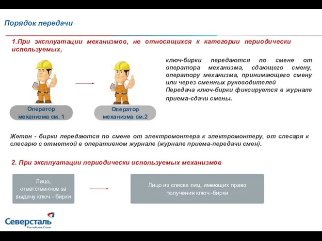 Порядок передачи 1.При эксплуатации механизмов, не относящихся к категории периодически используемых, ключ-бирки