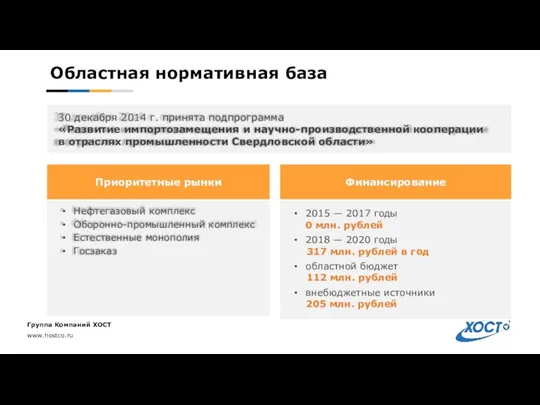 Областная нормативная база Приоритетные рынки Нефтегазовый комплекс Оборонно-промышленный комплекс Естественные монополия Госзаказ