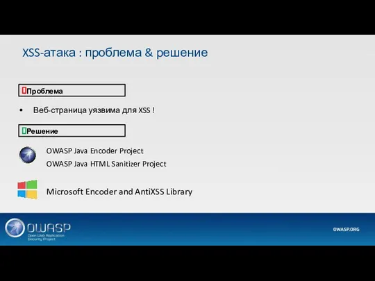 Проблема Решение OWASP Java Encoder Project OWASP Java HTML Sanitizer Project Microsoft