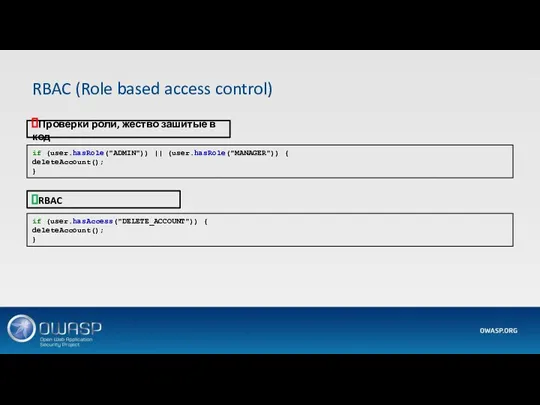 Проверки роли, жество зашитые в код RBAC RBAC (Role based access control)