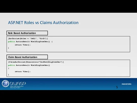 ASP.NET Roles vs Claims Authorization [Authorize(Roles = "Jedi", "Sith")] public ActionResult WieldLightsaber()