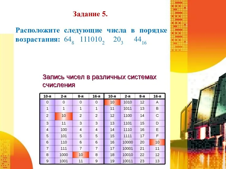 Задание 5. Расположите следующие числа в порядке возрастания: 648 1110102 203 4416