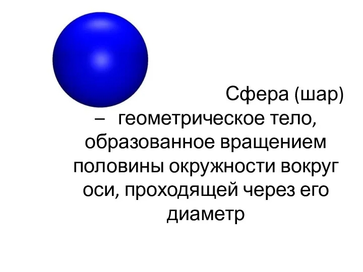 Сфера (шар) – геометрическое тело, образованное вращением половины окружности вокруг оси, проходящей через его диаметр