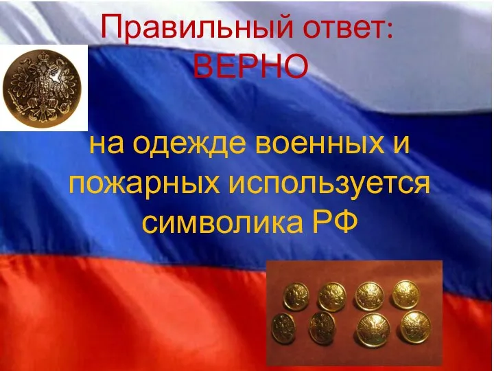 Правильный ответ: ВЕРНО на одежде военных и пожарных используется символика РФ