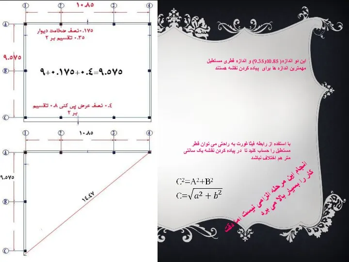 این دو اندازه( 10.85و9.35) و اندازه قطری مستطیل مهمترین اندازه ها برای