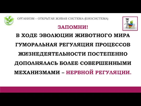 ОРГАНИЗМ – ОТКРЫТАЯ ЖИВАЯ СИСТЕМА (БИОСИСТЕМА) ЗАПОМНИ! В ХОДЕ ЭВОЛЮЦИИ ЖИВОТНОГО МИРА