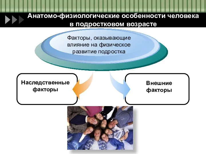 Наследственные факторы Факторы, оказывающие влияние на физическое развитие подростка Внешние факторы Анатомо-физиологические