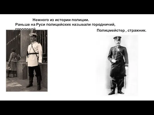 Немного из истории полиции. Раньше на Руси полицейских называли городничий, городовой. Полицмейстер , стражник.