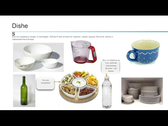 Dishes Все эти предметы входят в категорию Dishes.К ним относятся тарелки, чашки,