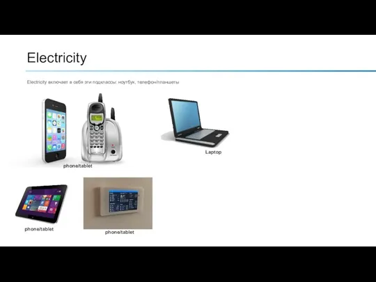 Electricity Electricity включает в себя эти подклассы: ноутбук, телефон/планшеты Laptop phone/tablet phone/tablet phone/tablet