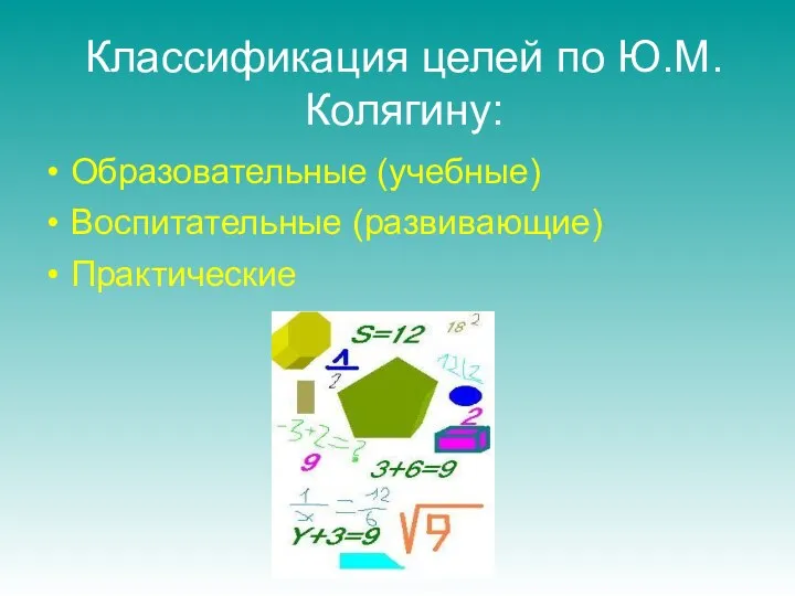 Классификация целей по Ю.М.Колягину: Образовательные (учебные)‏ Воспитательные (развивающие)‏ Практические