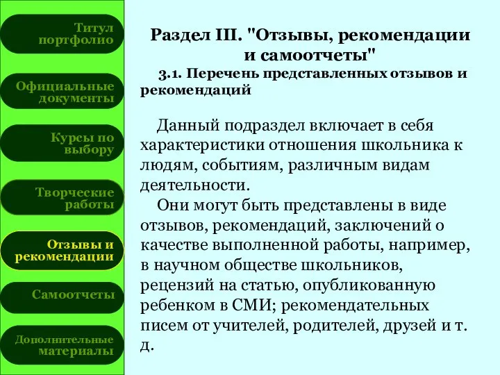 Титул портфолио Официальные документы Курсы по выбору Творческие работы Отзывы и рекомендации