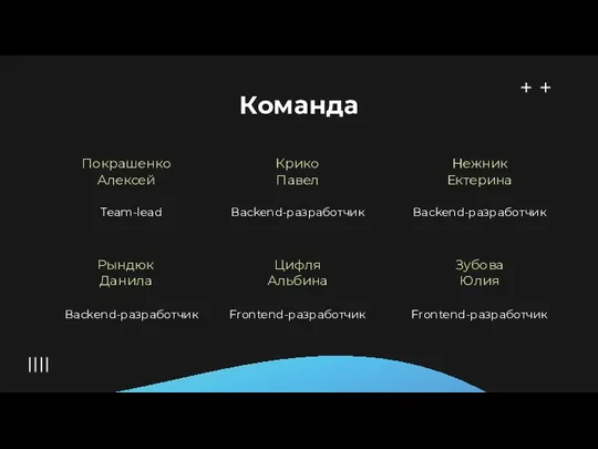 Команда Рындюк Данила Цифля Альбина Зубова Юлия Покрашенко Алексей Крико Павел Нежник